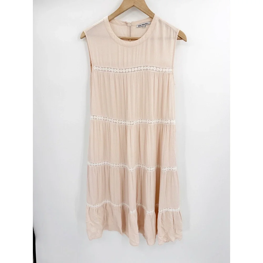 Little White Lies London Tiered Lace Trim Shift Dress Blush Pink Sleeveless S
